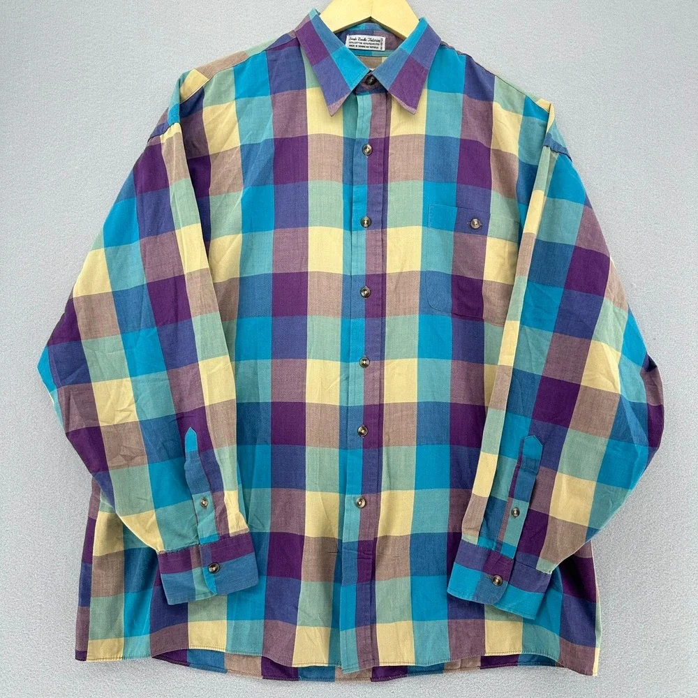 VTG London Fog Plaid Long Sleeve Button Up Shirt Single Needle Tailoring SZ L